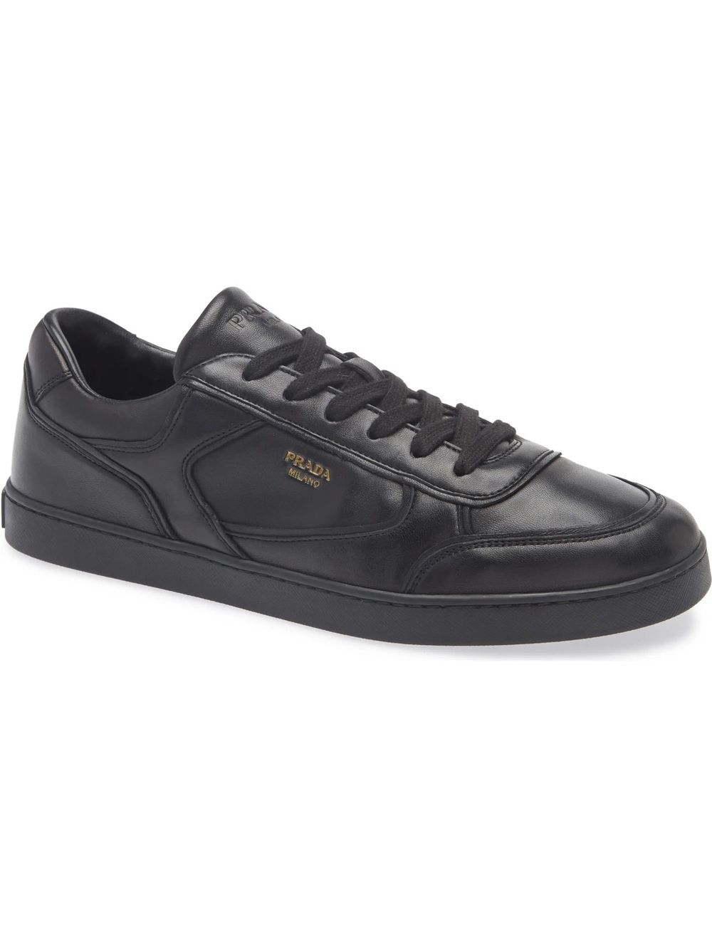 Prada Black Leather Low-Top Sneaker with Gold Logo